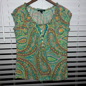 LAUREN RALPH LAUREN PAISLEY PATTERN BUTTON FRONT TSHIRT//GREEN ORANGE PINK BLUE
